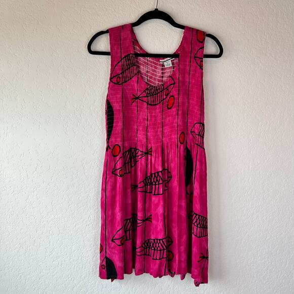 Vintage Y2K Fish Print Sleeveless Mini Dress size XL Hot Pink Smocked Retro - Picture 1 of 7